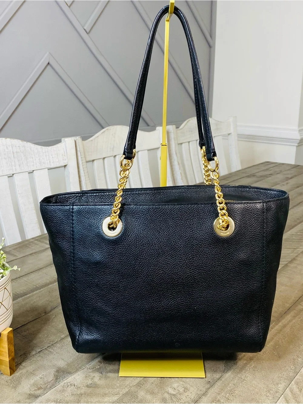 Coach Turnlock Chain Tote Black Polished Pebble Leather Shoulder Bag Purse Gold